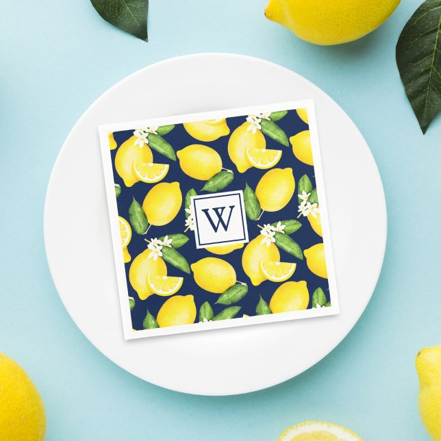 Citrus Lemon Navy Blue Monogram Napkins Serviette (Von Creator hochgeladen)