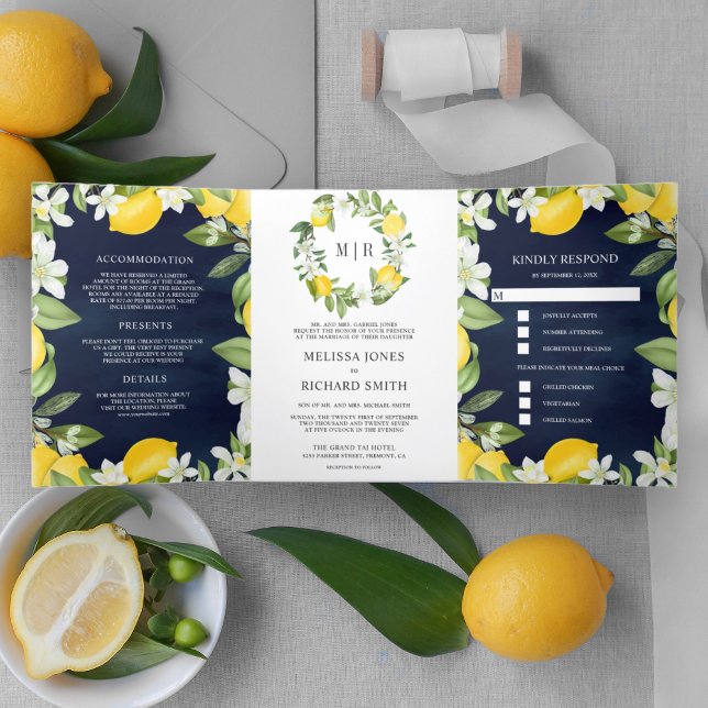 Citrus Lemon Orchard All in One Navy Blue Wedding Dreifach Gefaltete Einladung (Von Creator hochgeladen)