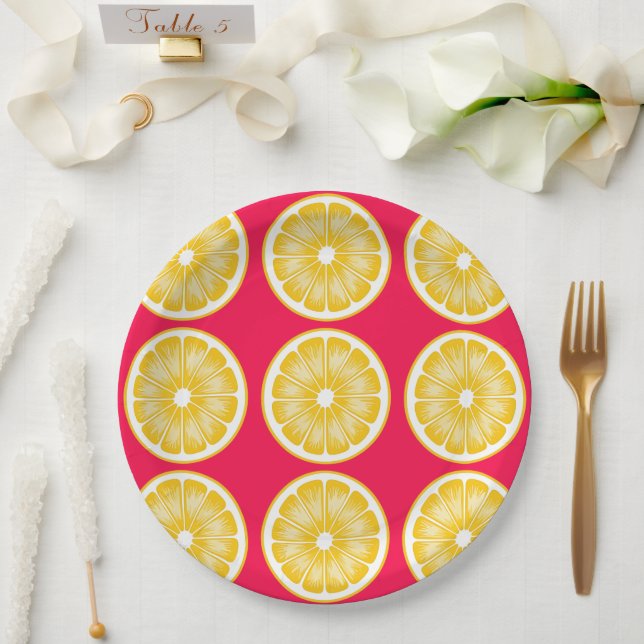 Citrus Lemon Slice Hot Pink & Yellow Pappteller (Hochzeit)
