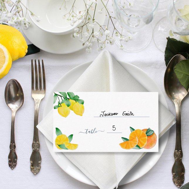 Citrus Lemon und Orange Wedding Table Platzkarte Visitenkarte (Lemons and oranges citrus wedding budget place name cards)