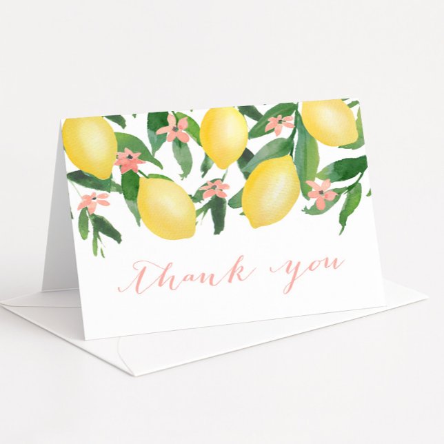 Citrus Lemons Pink Baby Dusche oder Brautparty Dankeskarte (Lemons with pretty pink blossoms baby girl shower thank you card)