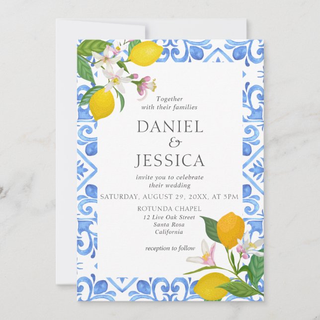 Citrus MediterranblueTiles Lemon Italien Wedding Einladung (Vorderseite)