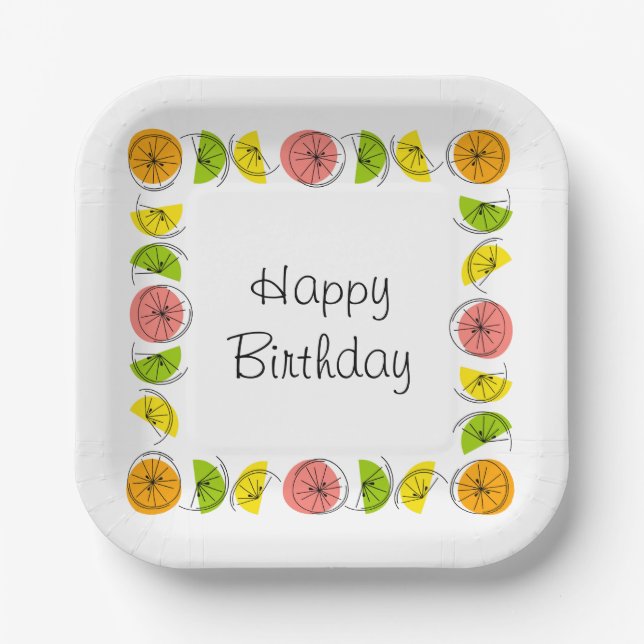 Citrus Multi Square Happy Birthday Pappteller (Vorderseite)