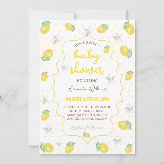 Citrus Niedlich Lemon Floral Baby Dusche Einladung (Vorderseite)