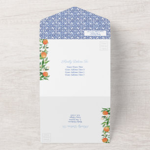 Citrus Orange Antike blaue weiße Fliesen Wedding A All In One Einladung