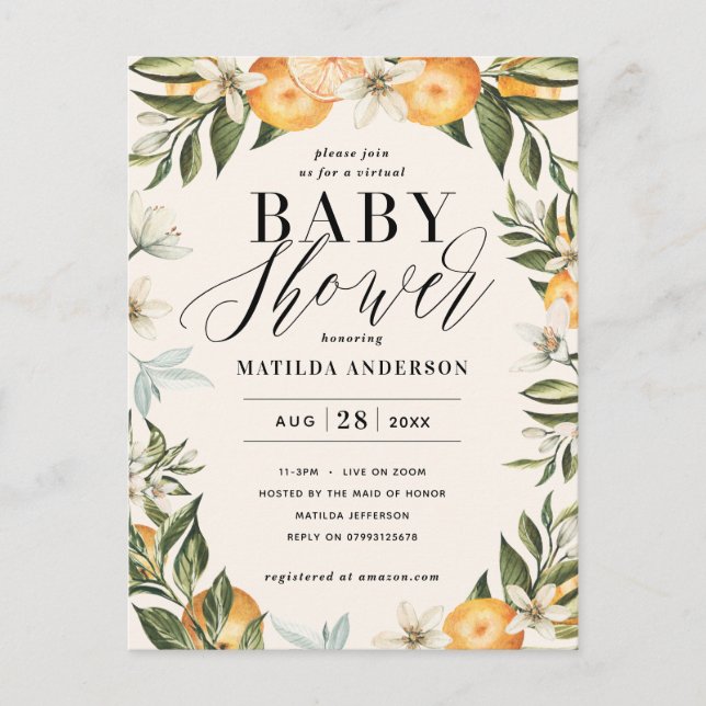 Citrus orange Blüte virtuelle Babydusche Party Postkarte (Vorderseite)