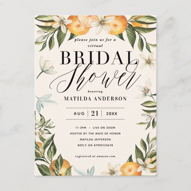 Citrus orange Blüte virtuelles Brautparty Party Postkarte (Vorderseite)