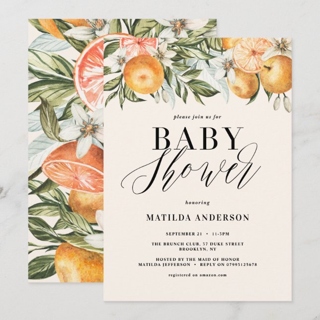 Citrus, orange + blütige Babydusche Party (Vorne/Hinten)