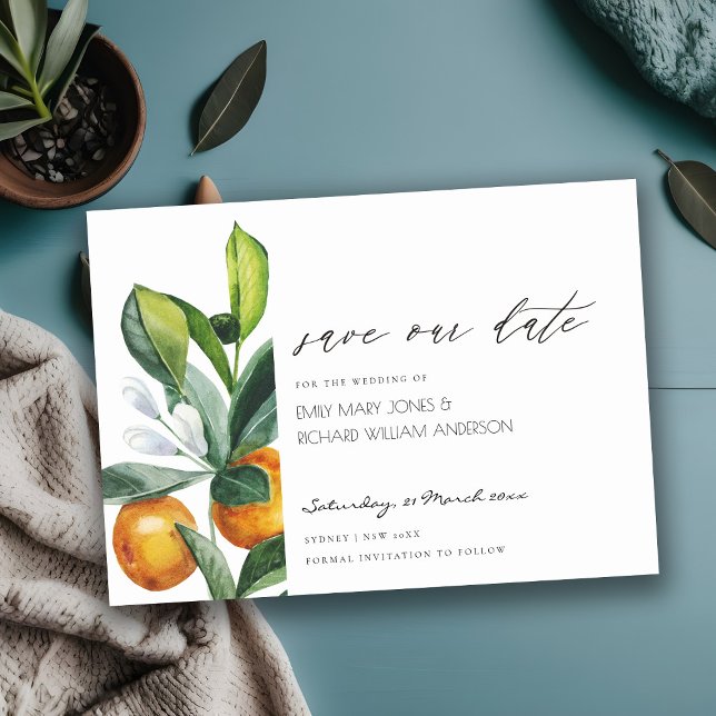 Citrus Orange Botanical Boho Save the Date einlade Dankeskarte (Von Creator hochgeladen)