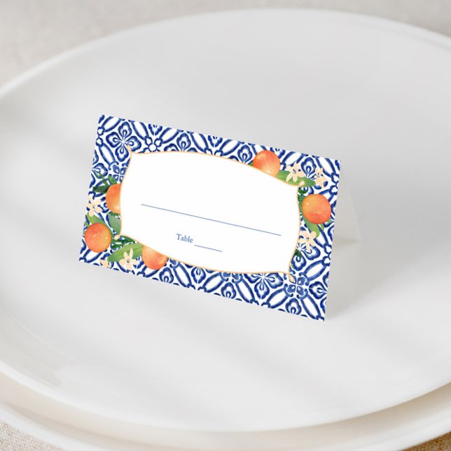 Citrus Orange Classic Blue Tiles Muster Hochzeit Platzkarte (Positano oranges with azulejo tile design wedding shower place cards)
