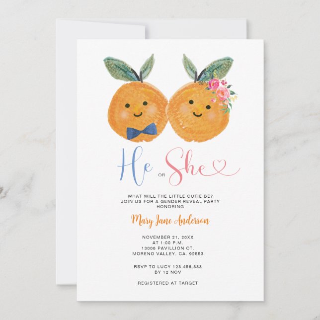 Citrus Orange Er oder sie rosa Blütendarstellung Einladung (Vorderseite)