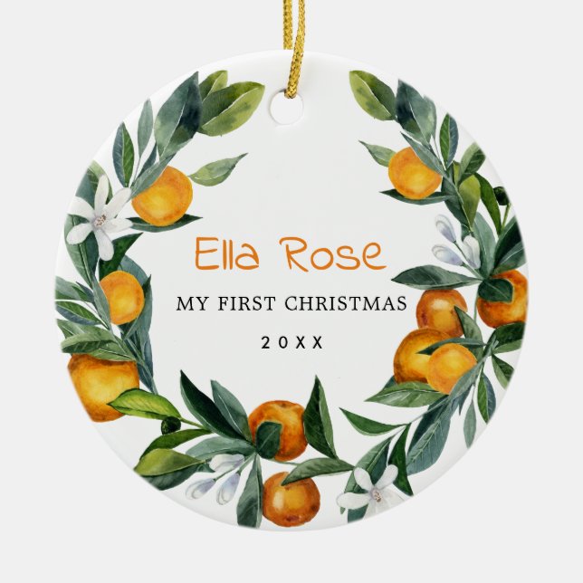 Citrus Orange Greenery Wreath Baby 1. Weihnachten Keramik Ornament (Vorne)