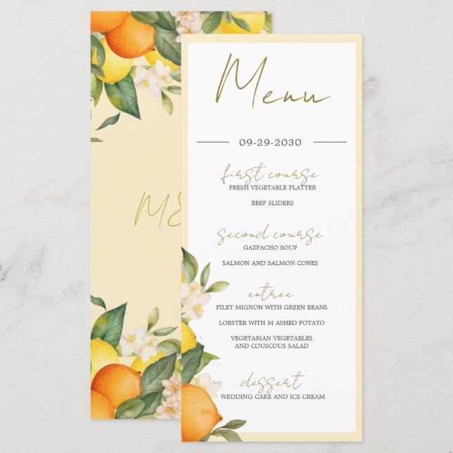 Citrus Orange Lemons Summer Monogram Menükarte (Vorne/Hinten)