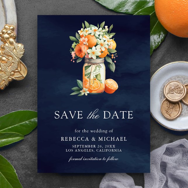 Citrus Orange Navy Blue Mason Jar Foto Wedding Save The Date (Von Creator hochgeladen)