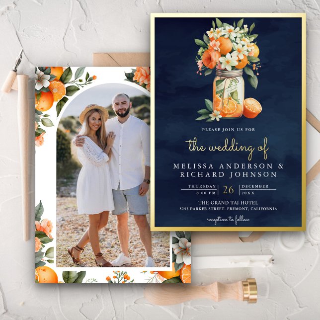 Citrus Orange Navy Blue Mason Jar Wedding Gold Folieneinladung (Von Creator hochgeladen)