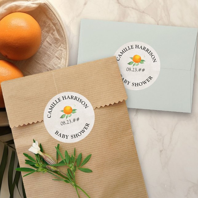 Citrus Orange Neutral Personalisiert Baby Dusche Runder Aufkleber (Stickers for favors, invitation envelope seals etc, from my Citrus Orange Baby Shower collection)