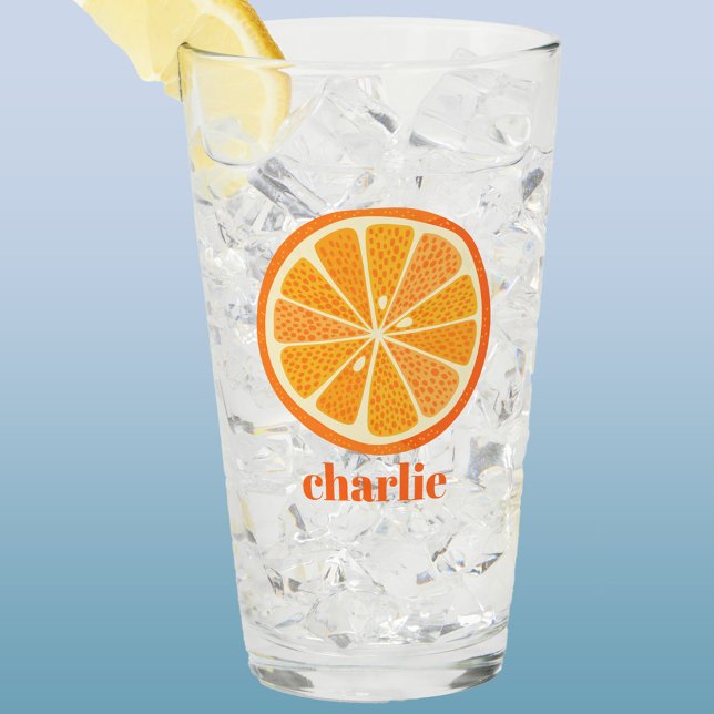 Citrus Orange Personalisiert Glas (Fresh orange fruit slice glass tumbler or beer glass with personalized custom name text)