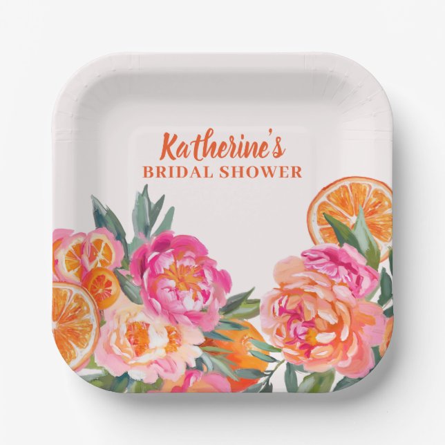 Citrus Orange & Pink Floral Bold Brautparty Pappteller (Vorderseite)