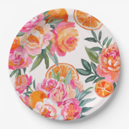 Citrus Orange & Pink Floral Bold Brautparty Pappteller