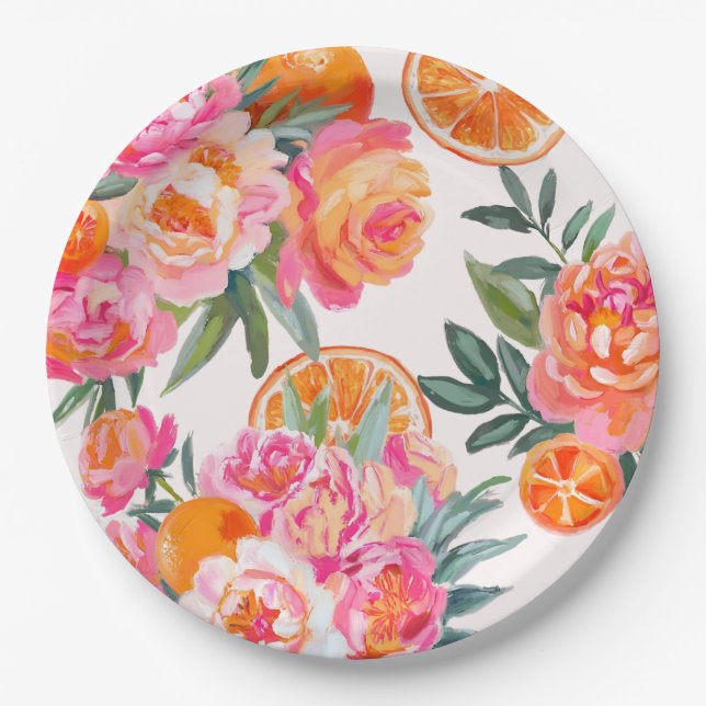 Citrus Orange & Pink Floral Bold Brautparty Pappteller (Vorderseite)