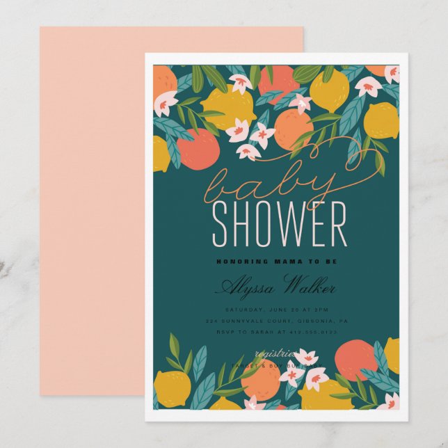 Citrus Orange Süsse Lemon Babydusche Einladung (Vorne/Hinten)