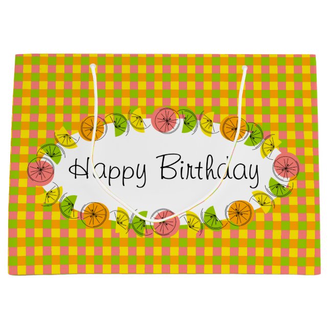 Citrus Oval Karo Happy Birthday groß Große Geschenktüte (Vorderseite)