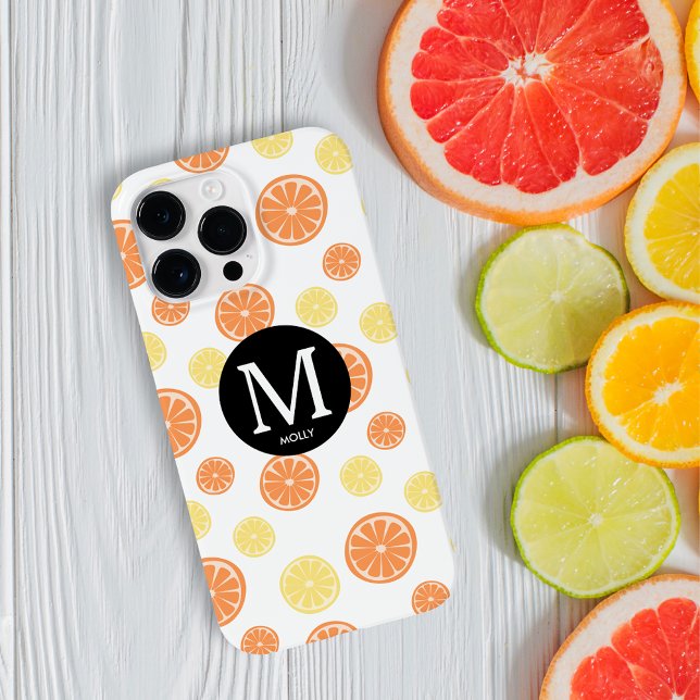 Citrus Pattern Orange Lemon Round Monogram White Case-Mate iPhone Hülle (Von Creator hochgeladen)