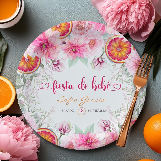 Citrus & Pink Blume Fiesta Spanische Babydusche Pappteller (Citrus & Pink Watercolor Flowers Baby Shower Paper Plates)
