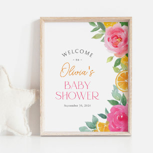 Citrus Pink Floral Baby Dusche Begrüßungszeichen Poster