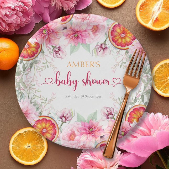 Citrus & Pink Wasserfarbe Blume Kinderdusche Pappteller (Citrus & Pink Watercolor Flowers Baby Shower Paper Plates)