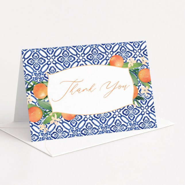 Citrus Sinensis Greenery Blue White Positano Tile Dankeskarte (Positano watercolor oranges and blue tiles wedding shower thank you cards)
