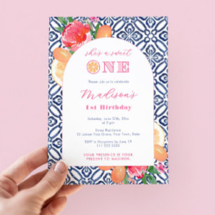 Citrus Sweet One Blue Tile 1. Geburtstag Party Einladung