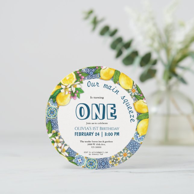 Citrus Thema Mädchen 1. Geburtstag Einladung (Stehend Vorderseite)