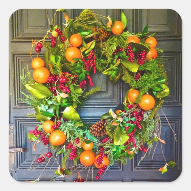 Citrus Themed Holiday Wreath Bok Gardens Florida Quadratischer Aufkleber (Vorderseite)