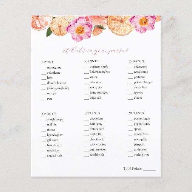 Citrus Was ist in deinem Purse-Brautparty-Spiel? (Vorderseite)