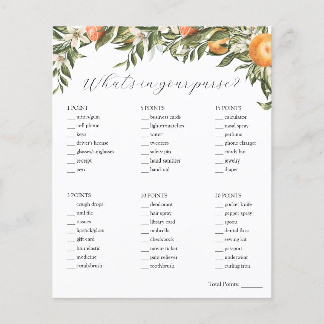 Citrus Was ist in deinem Purse-Brautparty-Spiel? (Vorderseite)