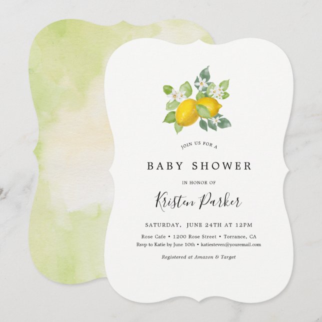 Citrus Watercolor Lemon Themed Baby Dusche Einladung (Vorne/Hinten)
