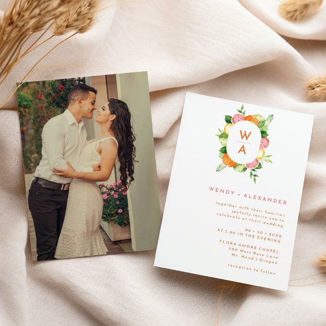 Citrus Watercolor Monogram Wappen Foto Hochzeit Einladung (Von Creator hochgeladen)