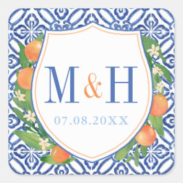 Citrus Wedding Logo; Orangen mit blauen Fliesen Quadratischer Aufkleber