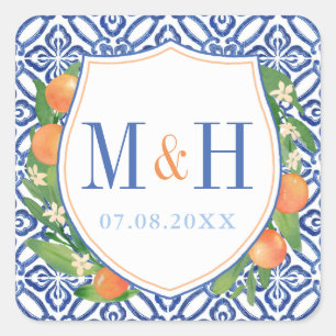 Citrus Wedding Logo; Orangen mit blauen Fliesen Quadratischer Aufkleber