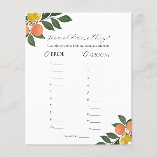 Citrus Wie alt waren sie Brautparty-Spiel (Vorderseite)