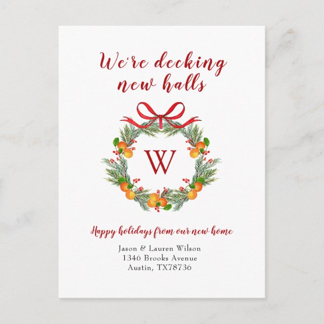 Citrus Wreath mit Monogram Holiday Moving Postkarte (Vorderseite)