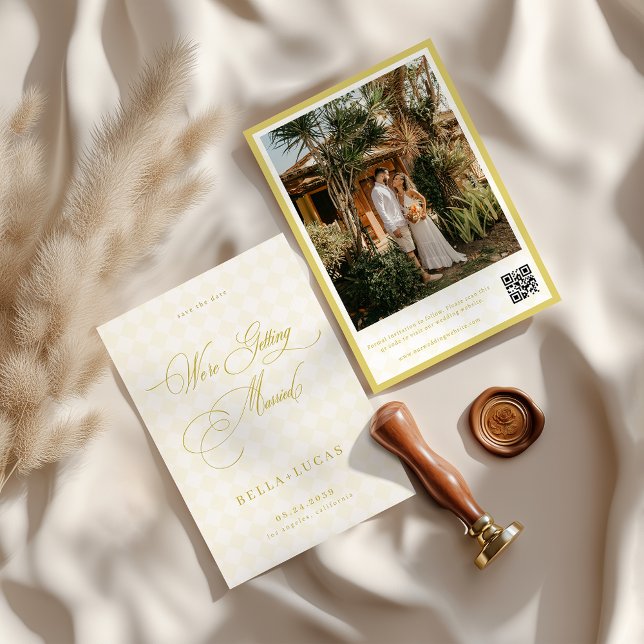 Citrus Yellow Check Luxe Summer Wedding Save The Date (Von Creator hochgeladen)