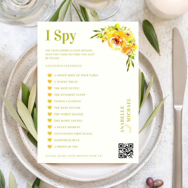 Citrus Yellow Floral Wedding I Spy Hunt Game Card Einladung (Von Creator hochgeladen)