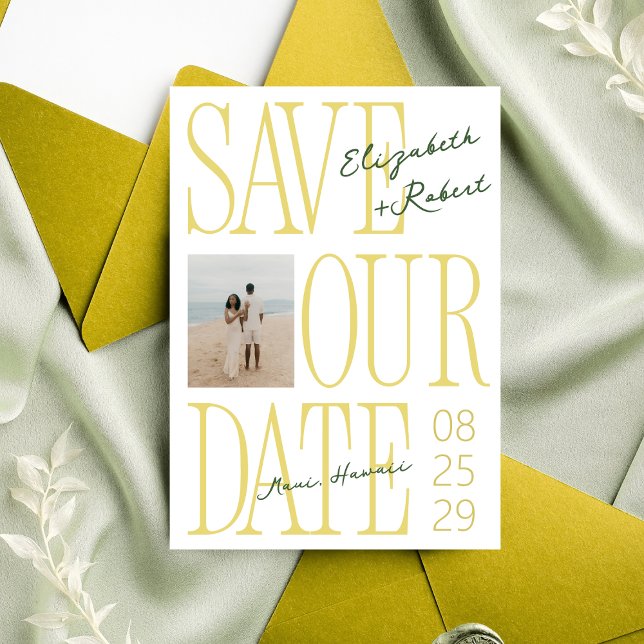 Citrus Yellow & Green Typography Stylish Wedding Save The Date (Von Creator hochgeladen)