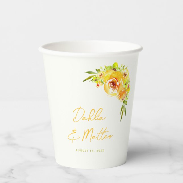 Citrus Yellow Green Watercolor Floral Wedding Pappbecher (Vorderseite)