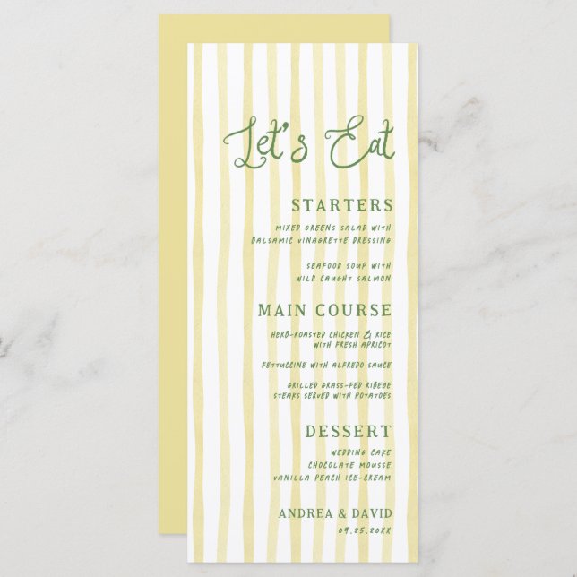 Citrus Yellow Stripe Handwriting Island Wedding Menükarte (Vorne/Hinten)