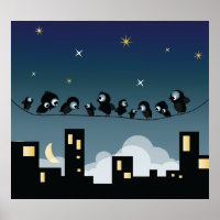 City Birds on a Wire Starry Sky