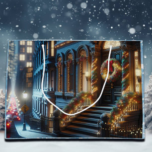 City Downtown Brownstone Gebäude Weihnachten Große Geschenktüte