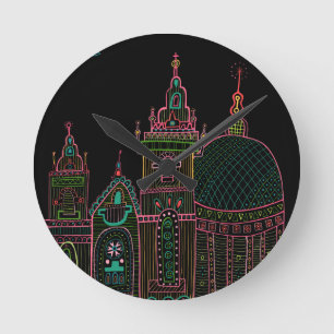 City Glow Bright Neon on Black  Runde Wanduhr